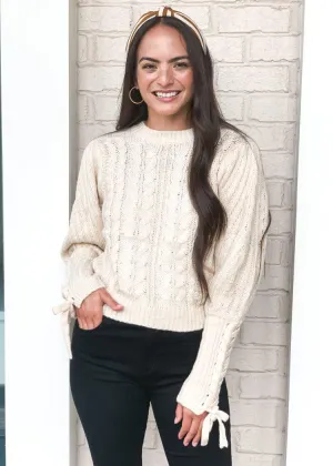 525 America Lace Up Sleeve Cable Knit Sweater-Oatmeal ***FINAL SALE***