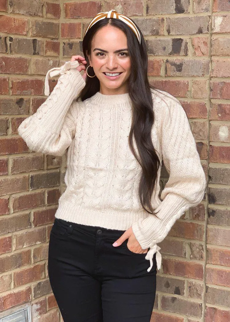 525 America Lace Up Sleeve Cable Knit Sweater-Oatmeal ***FINAL SALE***