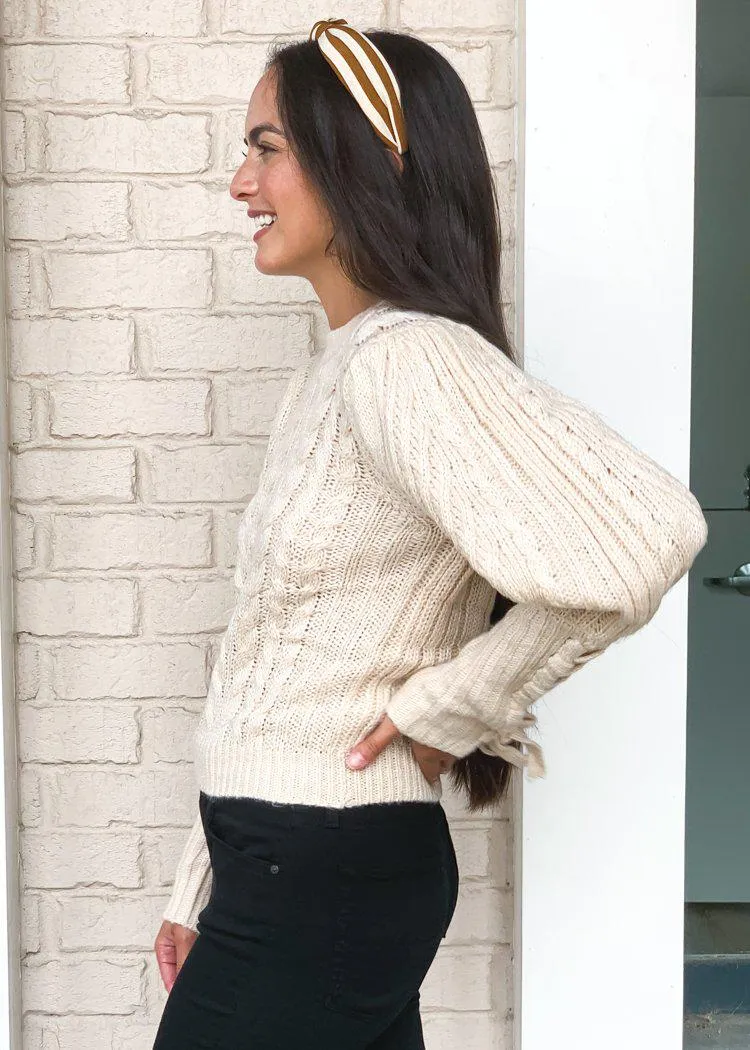 525 America Lace Up Sleeve Cable Knit Sweater-Oatmeal ***FINAL SALE***