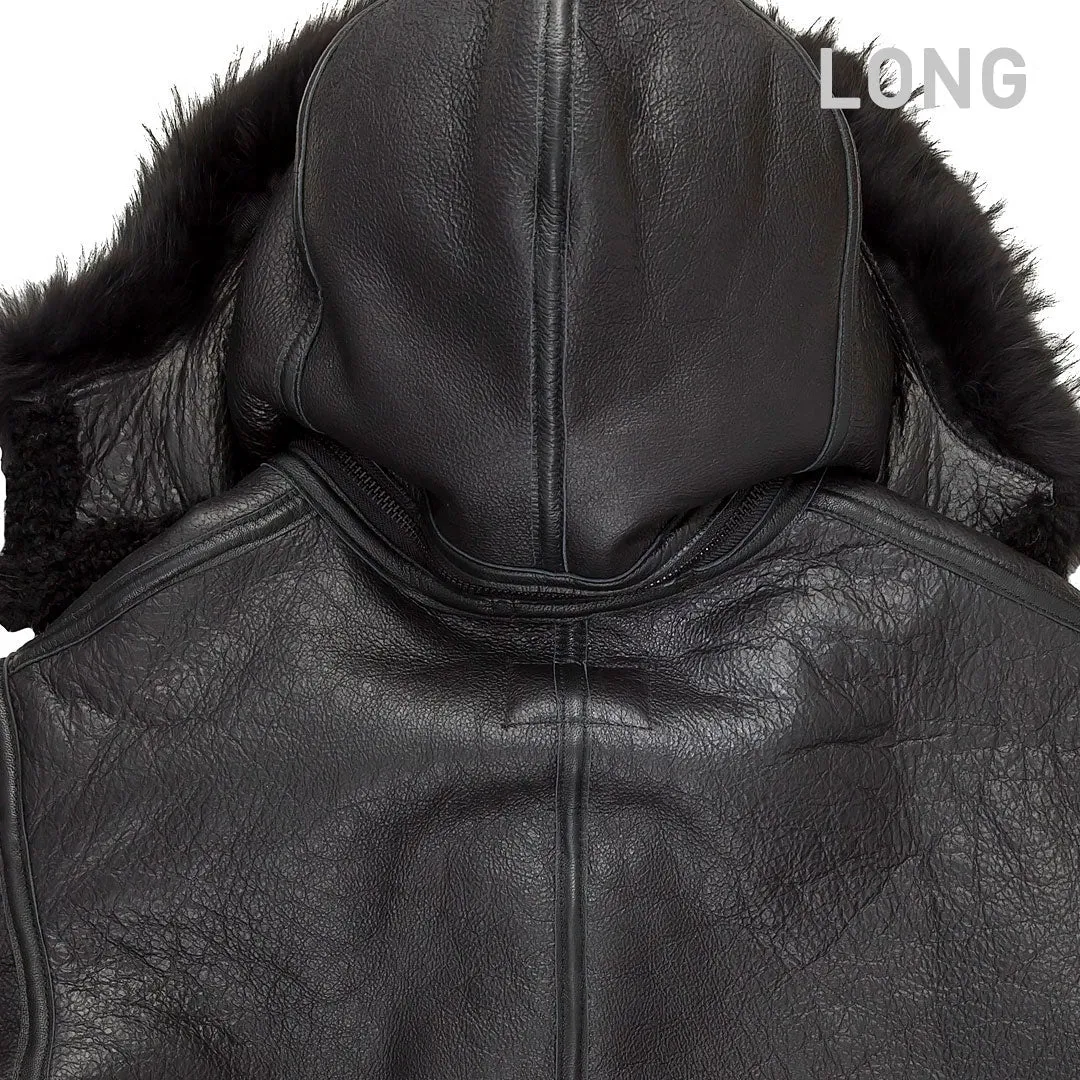 All Black B-3 Hooded Sheepskin Bomber Jacket Long Z203615BL