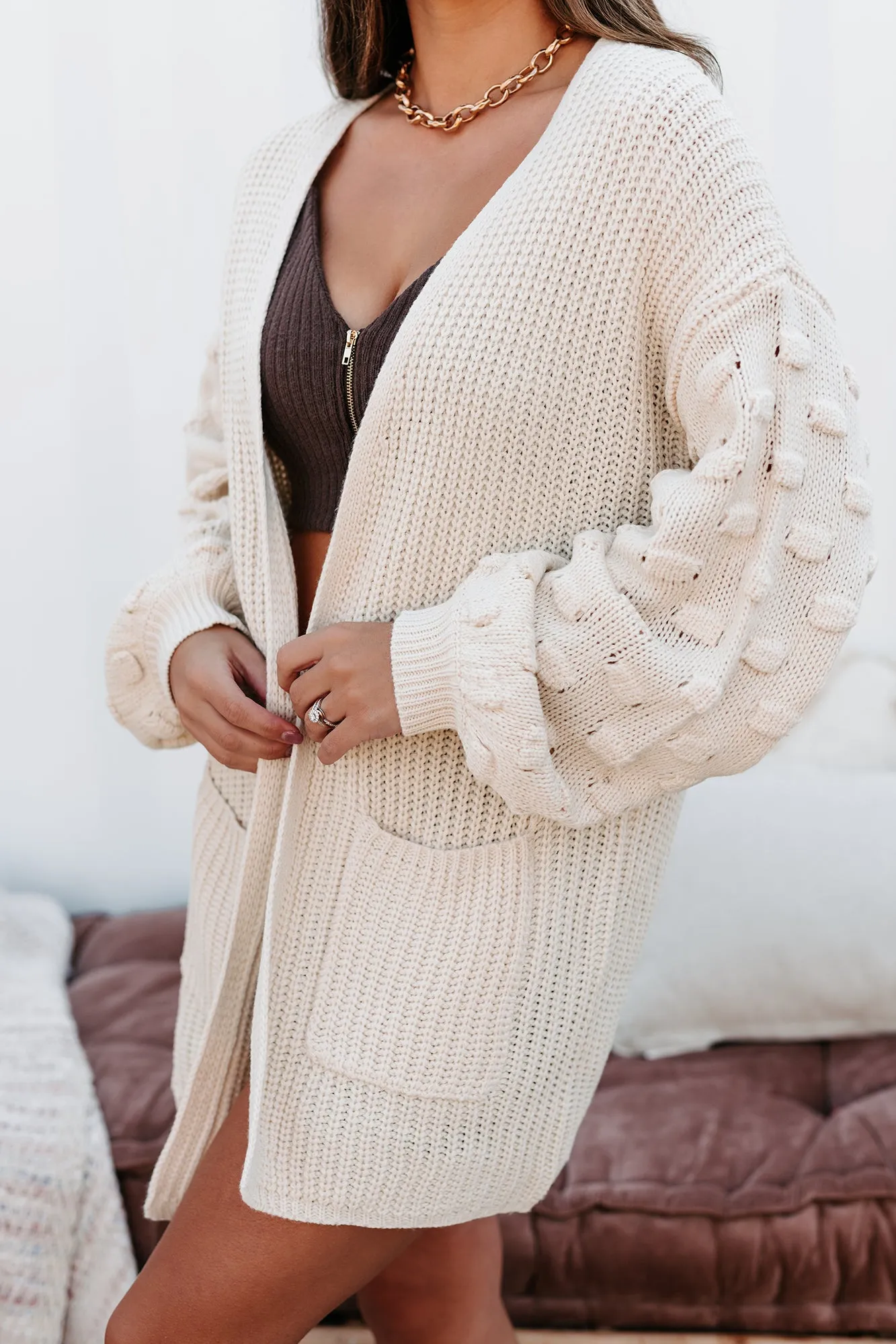 All That Matters Textured Sleeve Cardigan (Cream White)