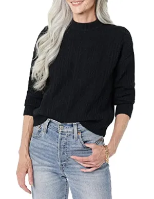 Amazon Essentials Women's Soft-Touch Modern Cable Crewneck Sweater (Available in Plus Size), Black, Small