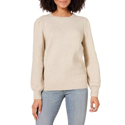 Amazon Essentials Women's Soft Touch Pleated Shoulder Crewneck Sweater, Beige, X-Small