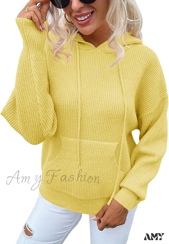 Amy Fashion - Women's Rib-Knit Hooded Sweaters Cozy Drawstring Pullover