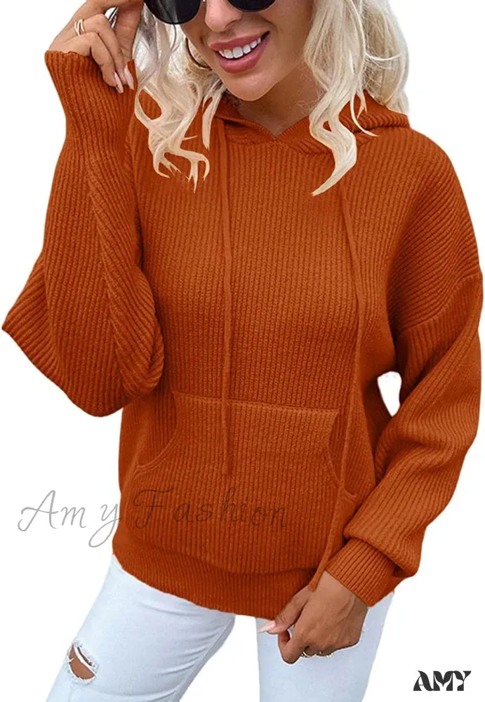 Amy Fashion - Women's Rib-Knit Hooded Sweaters Cozy Drawstring Pullover