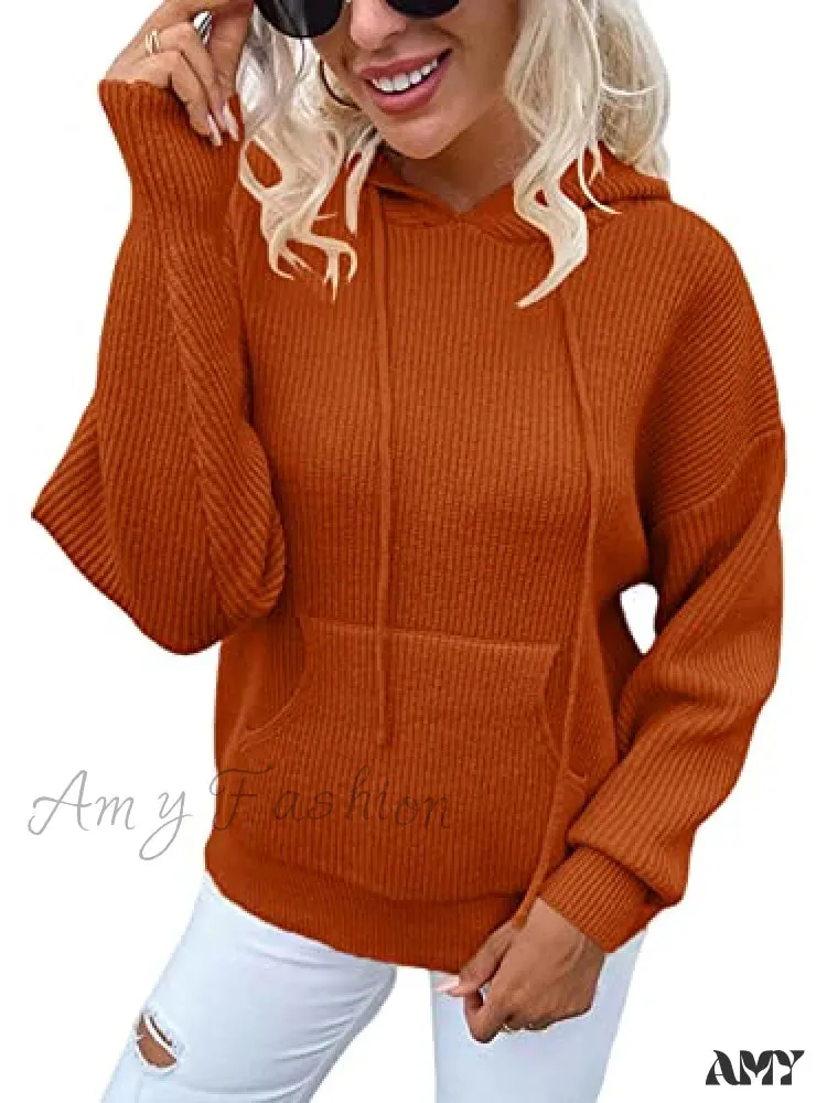 Amy Fashion - Women's Rib-Knit Hooded Sweaters Cozy Drawstring Pullover