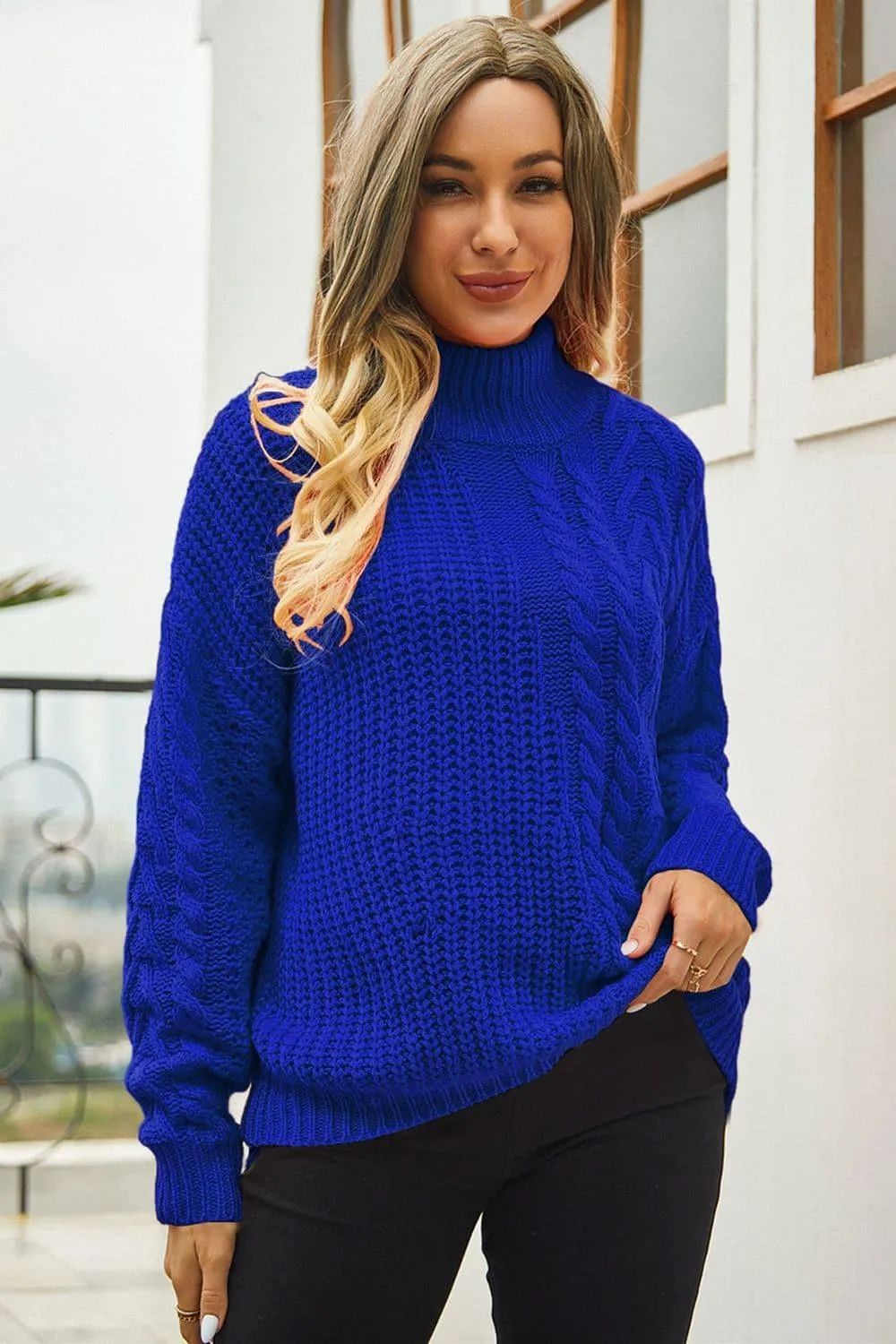 Angie Cable-Knit Turtle Neck Long Sleeve Sweater, 3 Colors