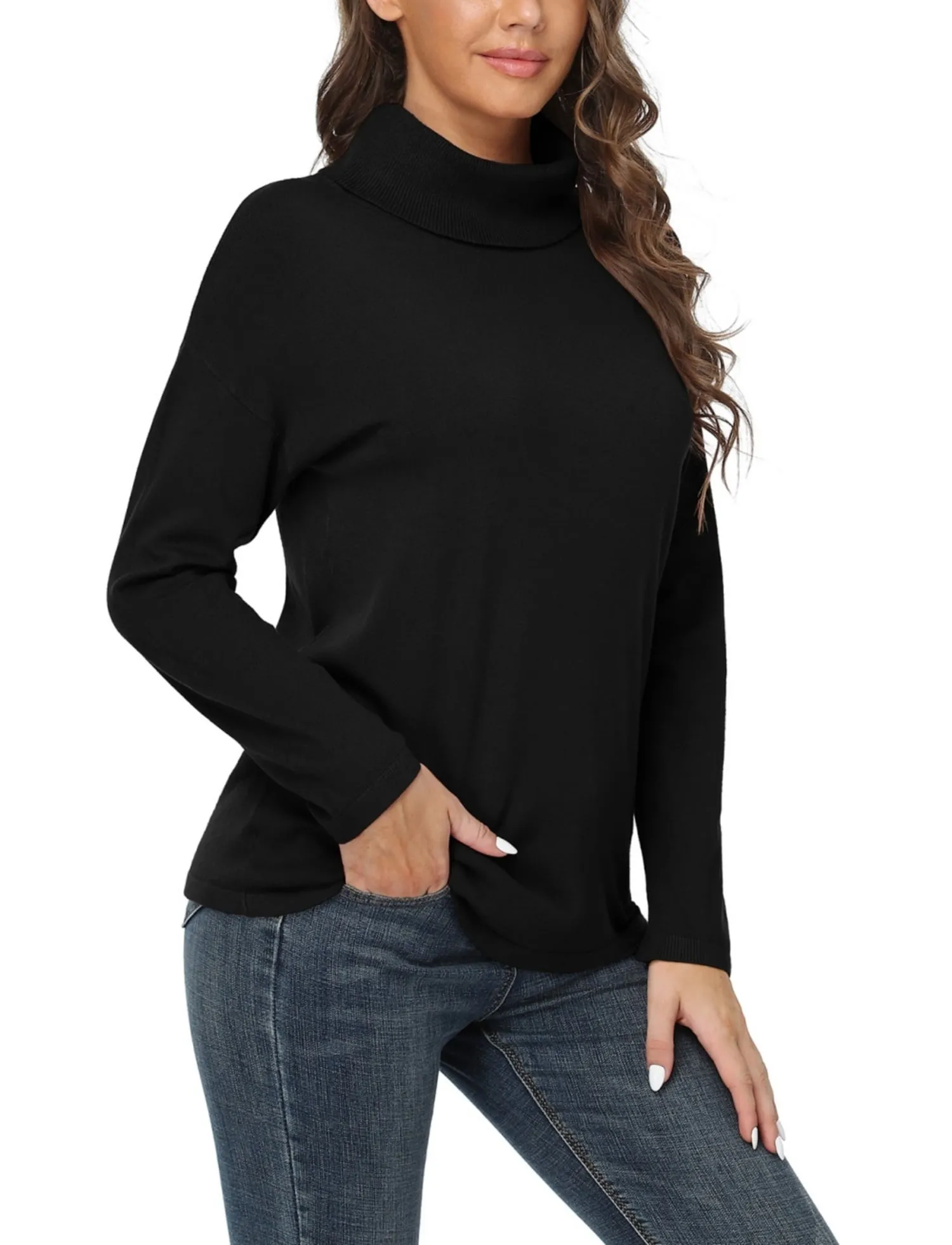 Asklazy Women's Turtleneck Sweater Long Sleeve Cozy Warm Casual Lightweight Soft Pullover Jumper Tops,US Size,Black,M