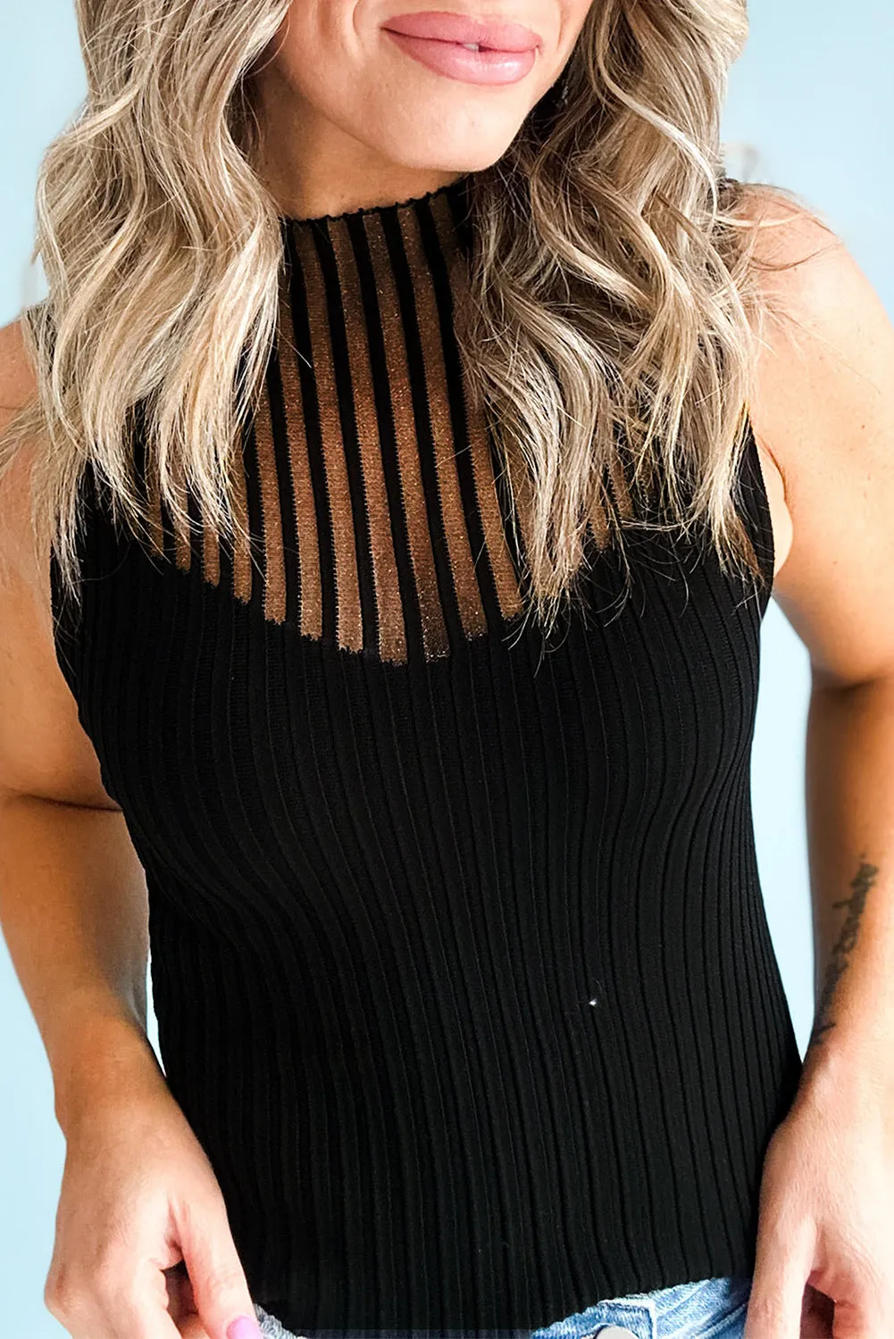 Black Ribbed Texture Mesh Cutout Knitted Sweater Vest