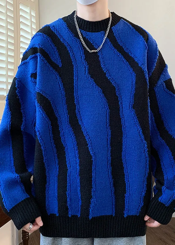 Blue Cozy Patchwork Knit Mens Sweaters Pullover O Neck Winter RC024