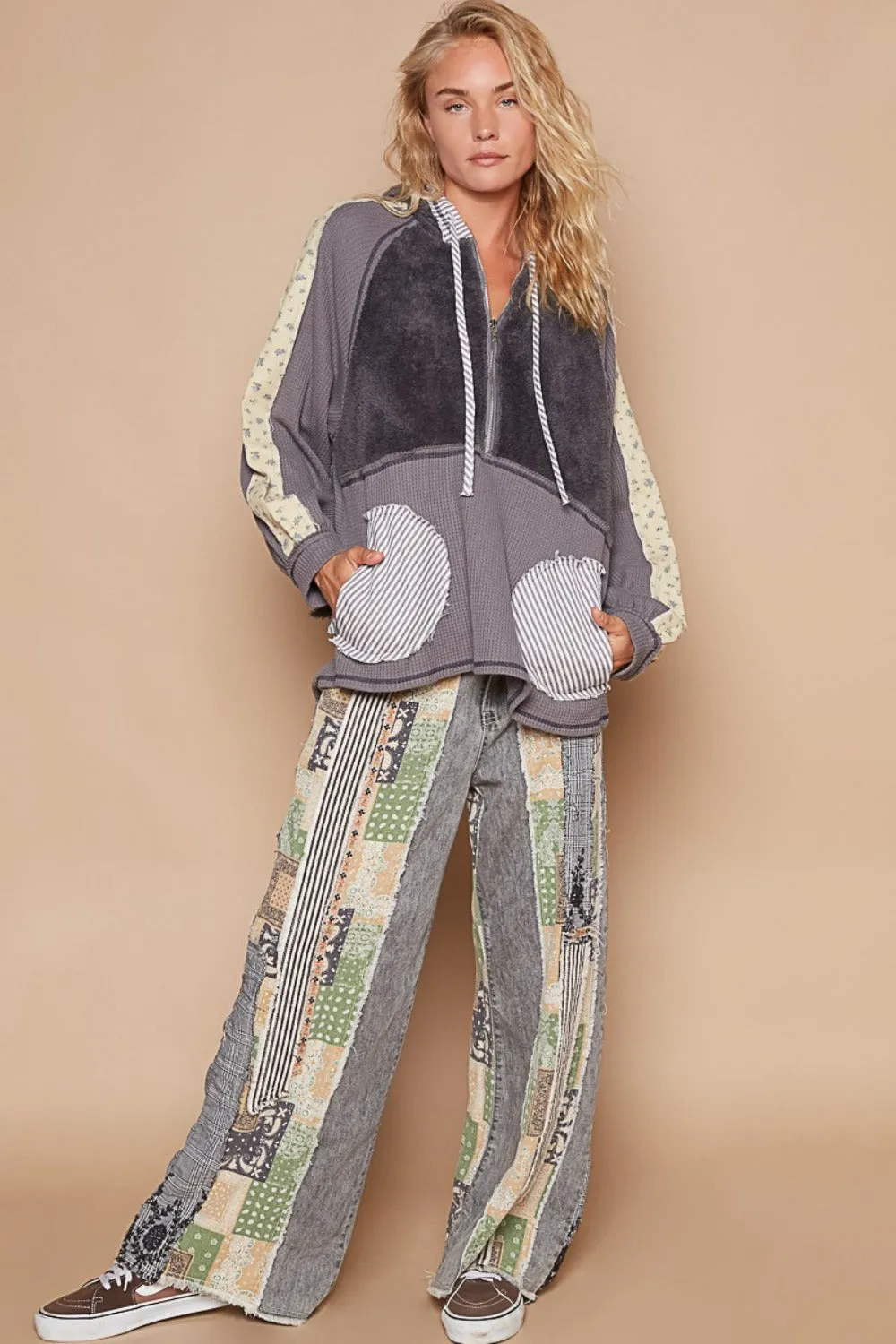 Bohemian Charcoal Half Zip Up Fleece Mix Back Star Patch Hoodie