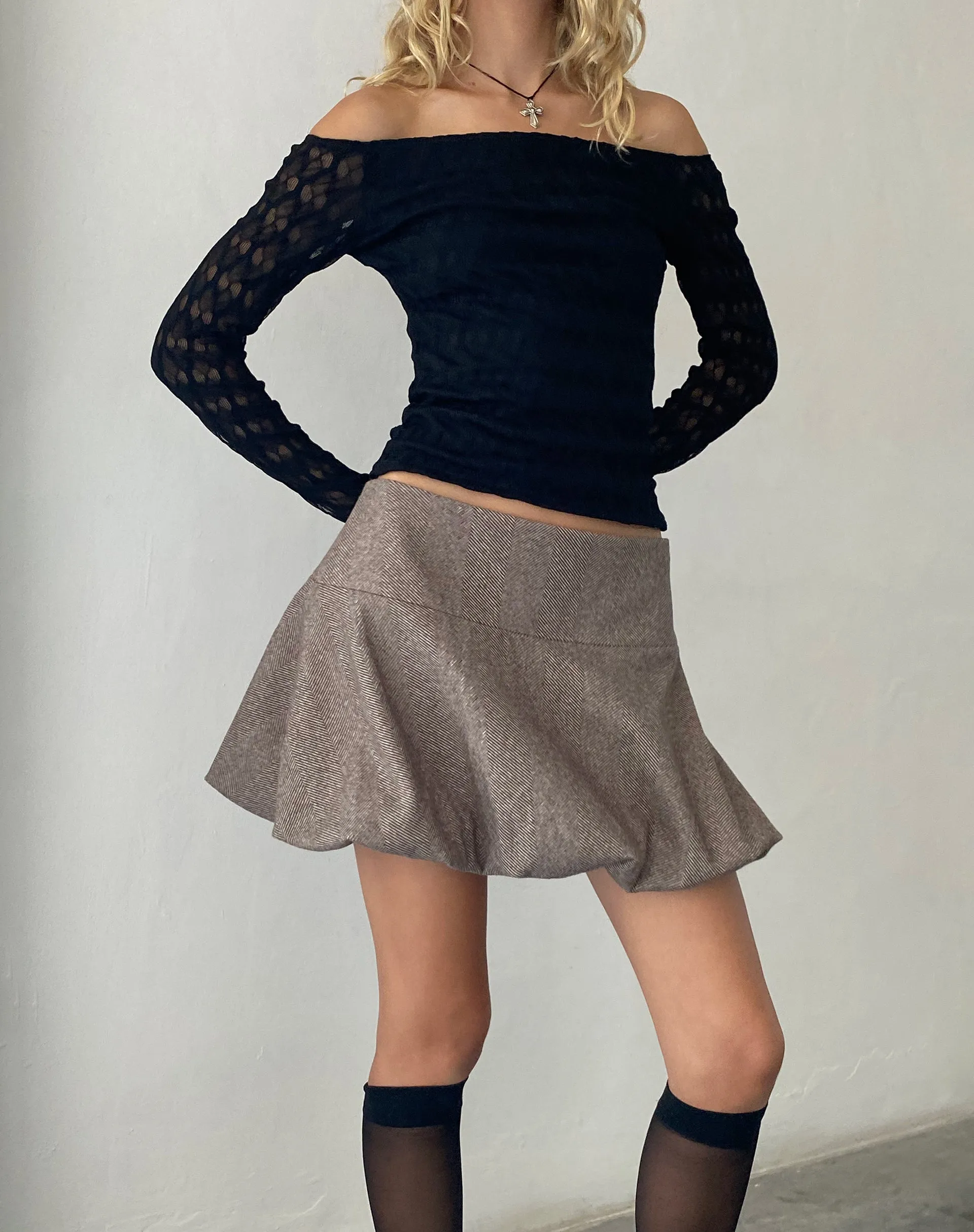 Celina Puffball Mini Skirt in Dark Brown Tailoring