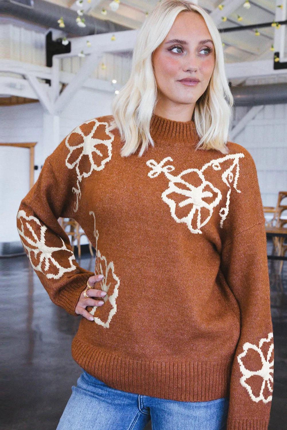 Chestnut Floral Print Ribbed Trim Knitted Sweater