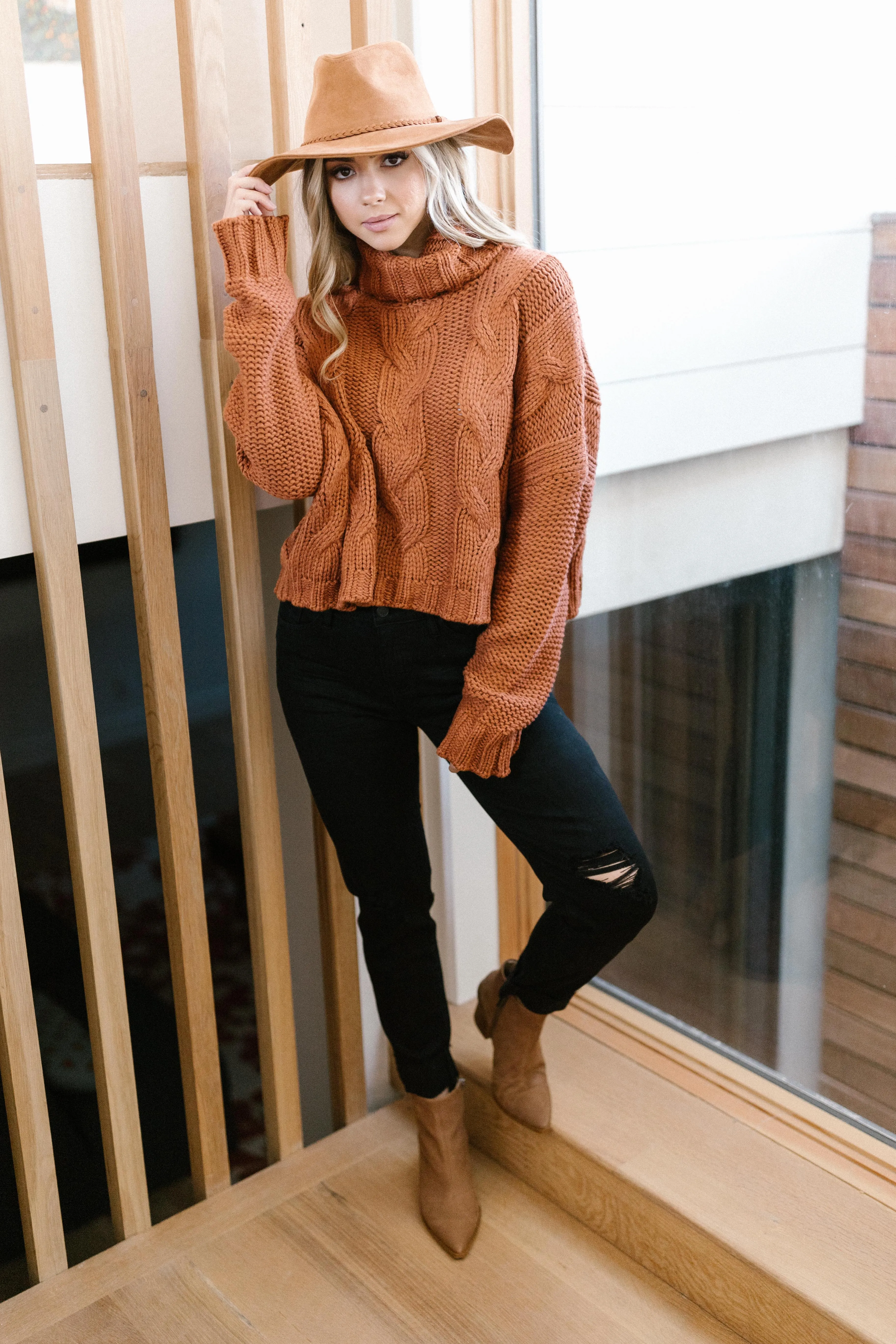 Classic Cable Knit Sweater in Ginger Spice