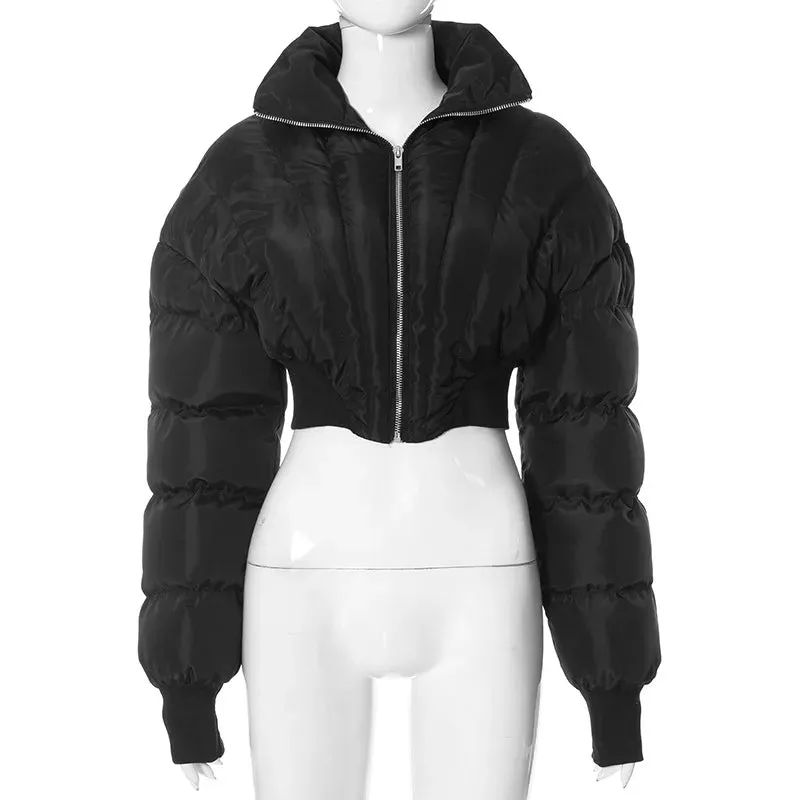 cold weather outfits Joskaa Street Women Broad Shoulder Puffer Jackets High Waist Warm Bubble Coats Slim Puffer Jacket Parkas Zipper Cropped Parkas Down New