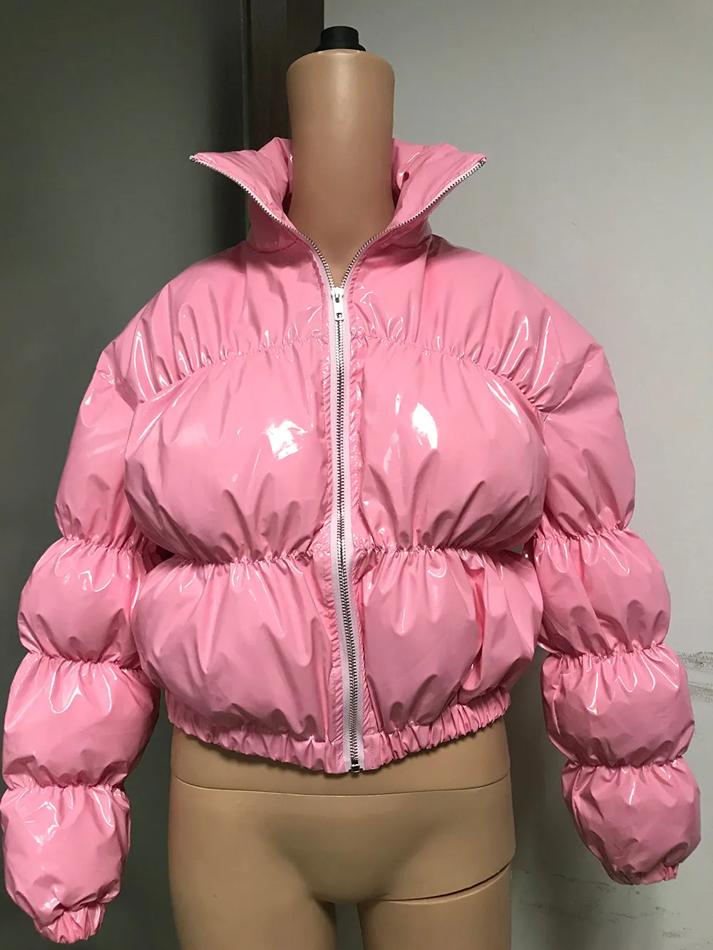 cold weather outfits Joskaa Winter Women Bright PU Leather Pink Puffer Down Jackets Warm Thick Bubble Coats Zipper Stand Collar Shiny Down Parkas Plus Size