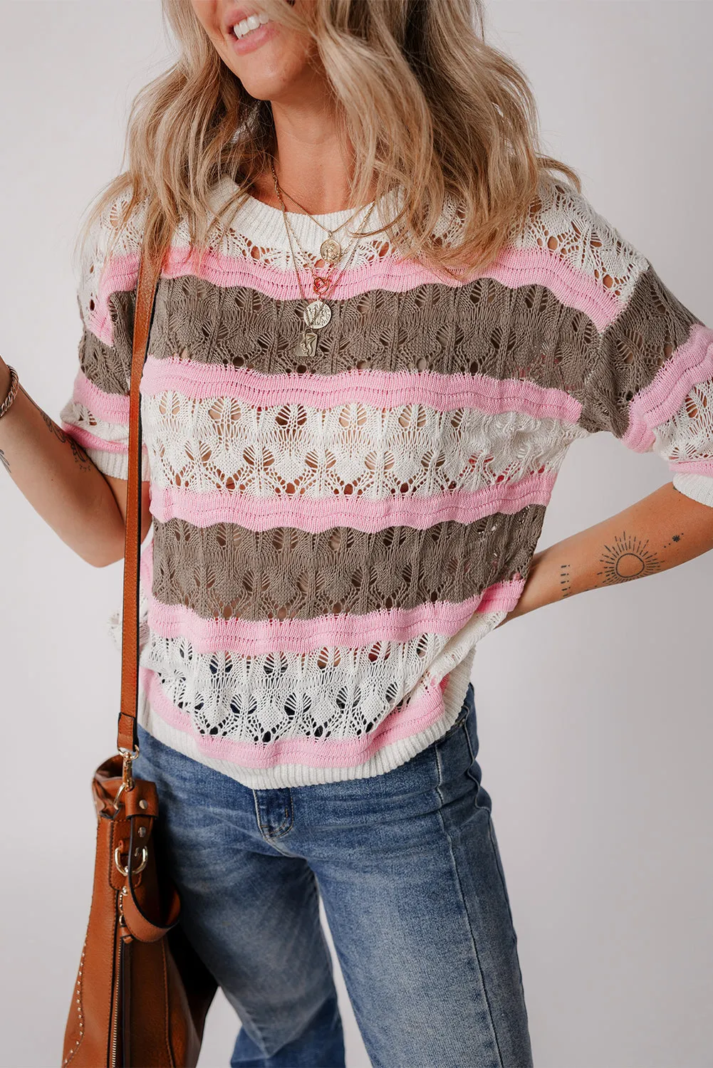 Color Block Hollow Out Crochet Sweater