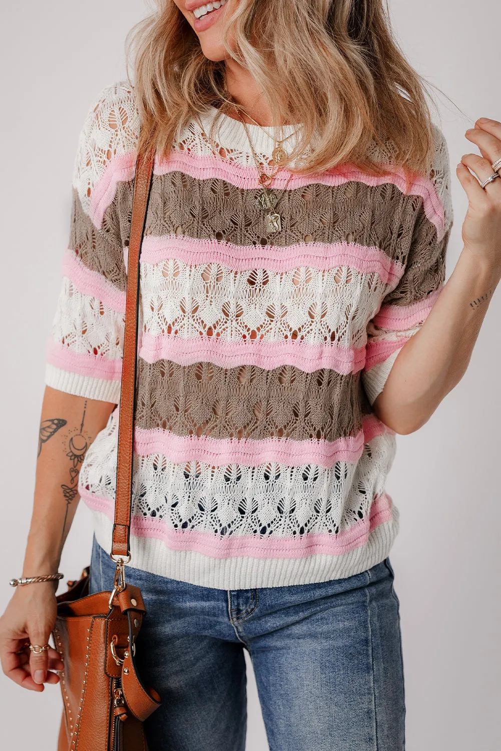 Color Block Hollow Out Crochet Sweater