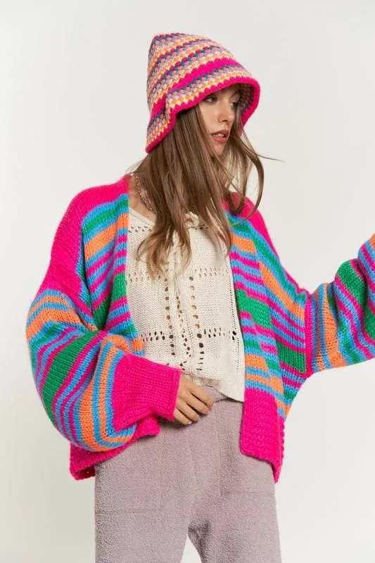 DAVI & DANI Chunky Knit Multi-Striped Open Sweater Cardigan