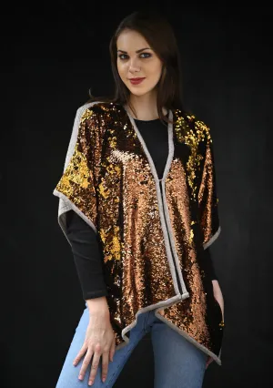 Dual Tone Copper Gold Sequin and Taupe Melange Knitted Fine Wool Cape