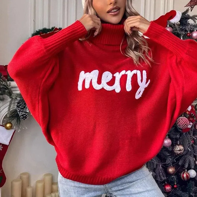 Festive "Merry" Turtleneck Sweater