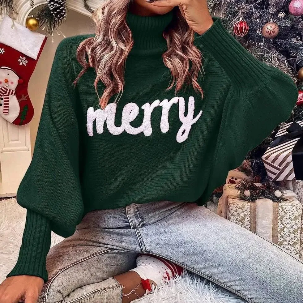 Festive "Merry" Turtleneck Sweater