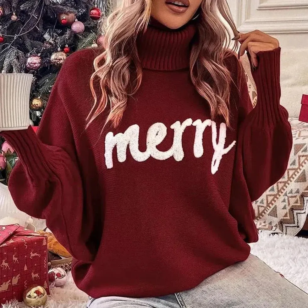 Festive "Merry" Turtleneck Sweater