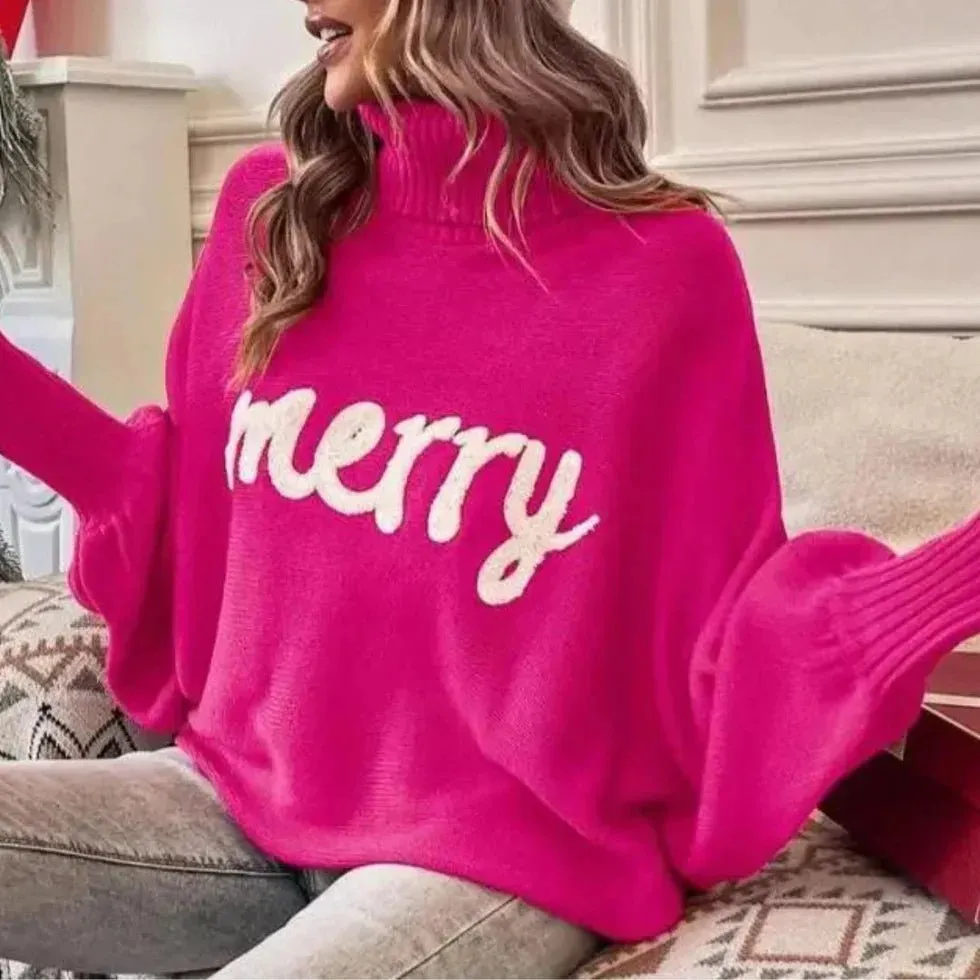 Festive "Merry" Turtleneck Sweater