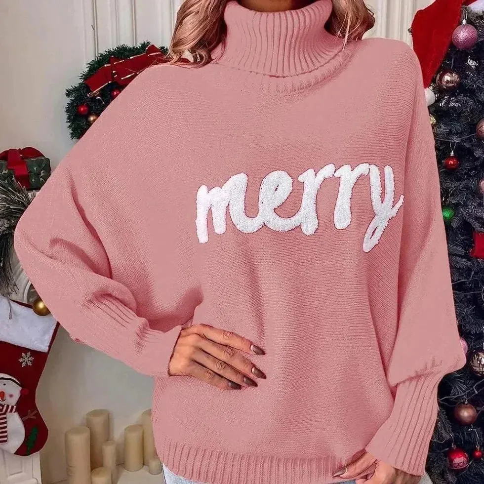 Festive "Merry" Turtleneck Sweater