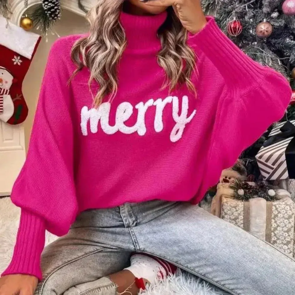 Festive "Merry" Turtleneck Sweater