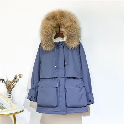 Fitaylor Winter Jacket Women Large Natural Fox Fur White Duck Down Coat Thick Parkas Warm Sash Tie Up Zipper Down Snow Outerwear