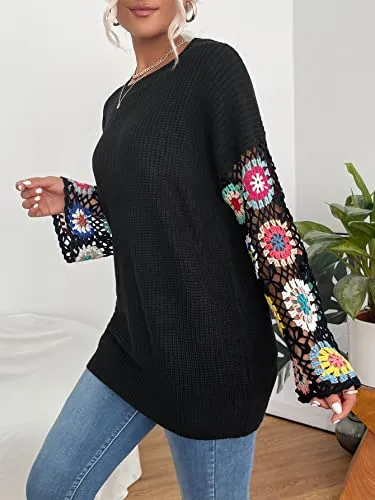 GORGLITTER Women's Floral Long Sleeve Sweaters Knit Hollow Out Drop Shoulder Pullover Jumper Top Black Small