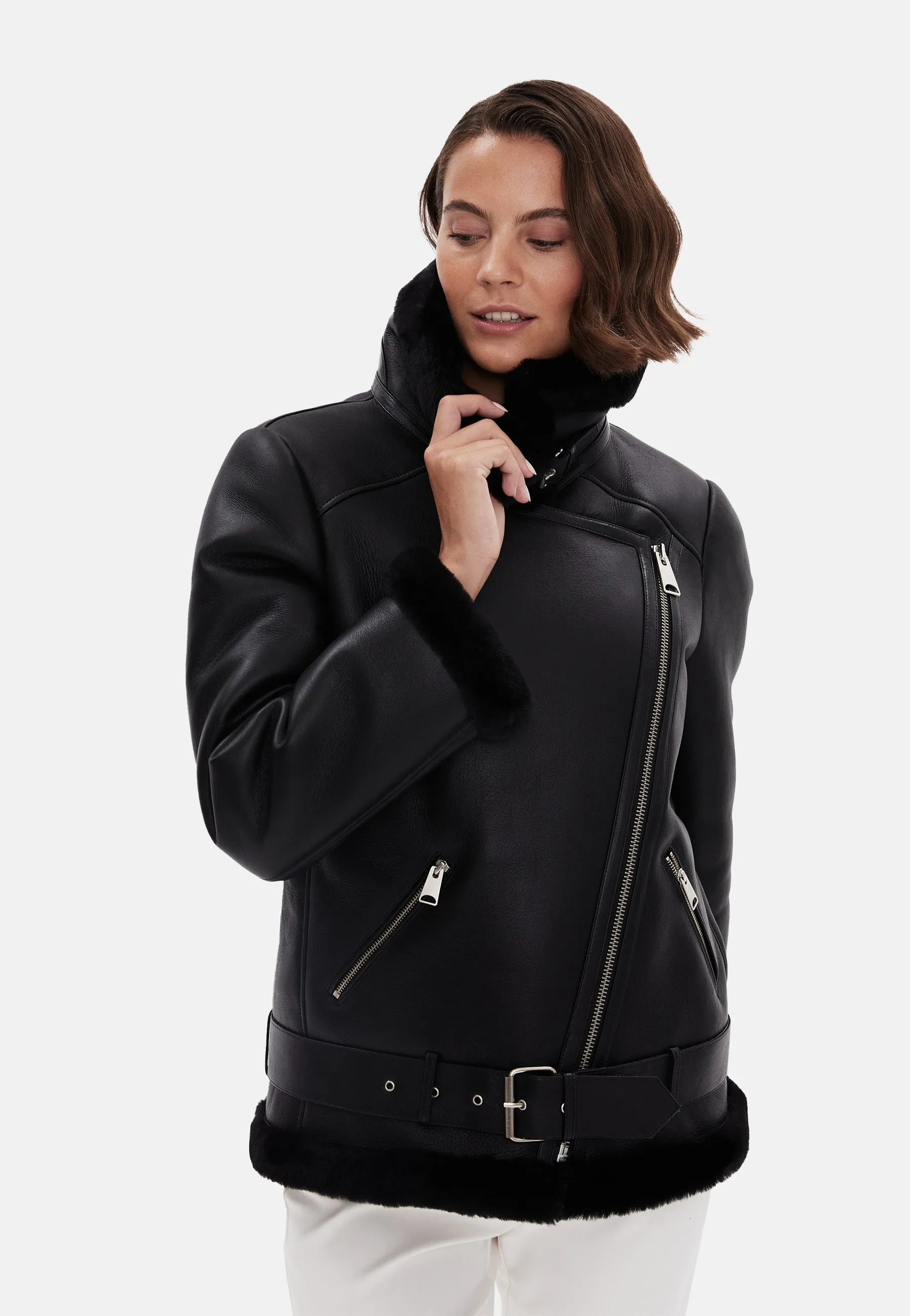 Harriet Sheepskin Belted Biker Jacket, Silky Black with Black Wool