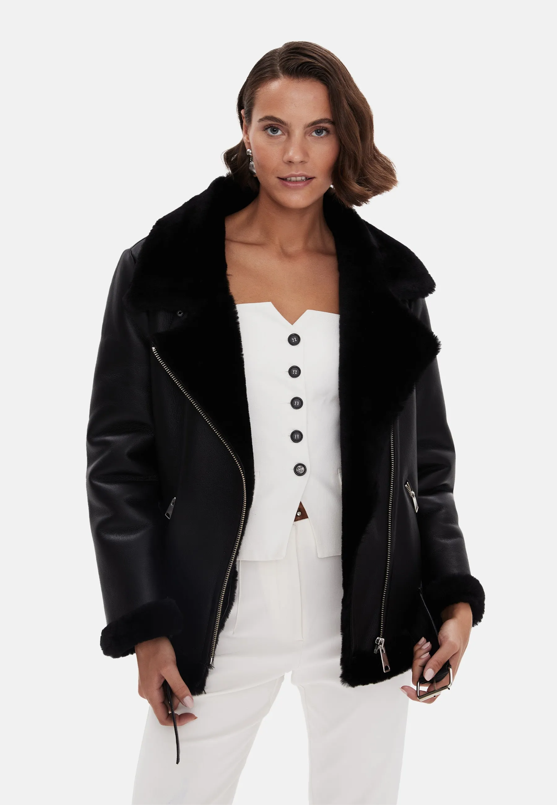 Harriet Sheepskin Belted Biker Jacket, Silky Black with Black Wool