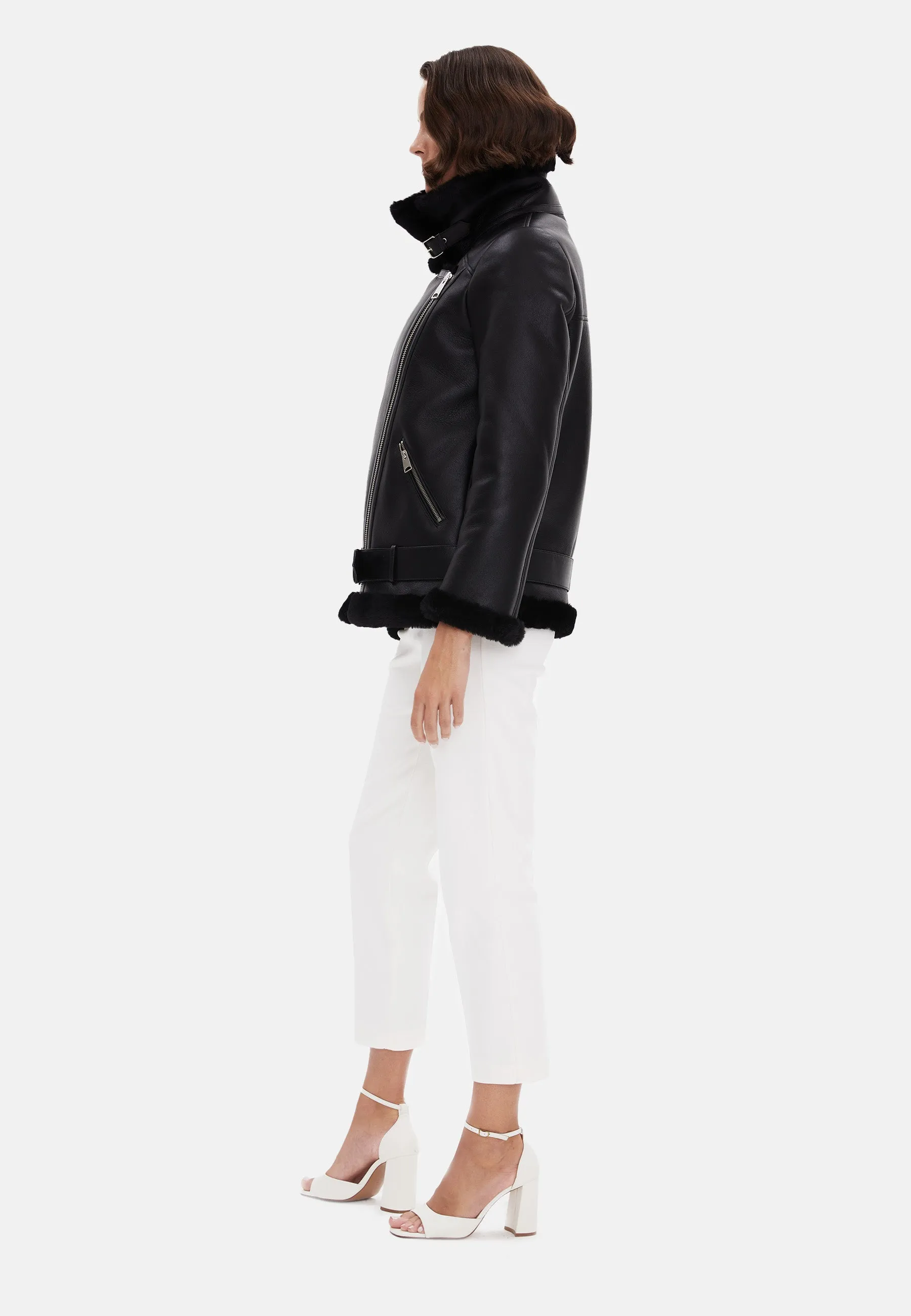 Harriet Sheepskin Belted Biker Jacket, Silky Black with Black Wool