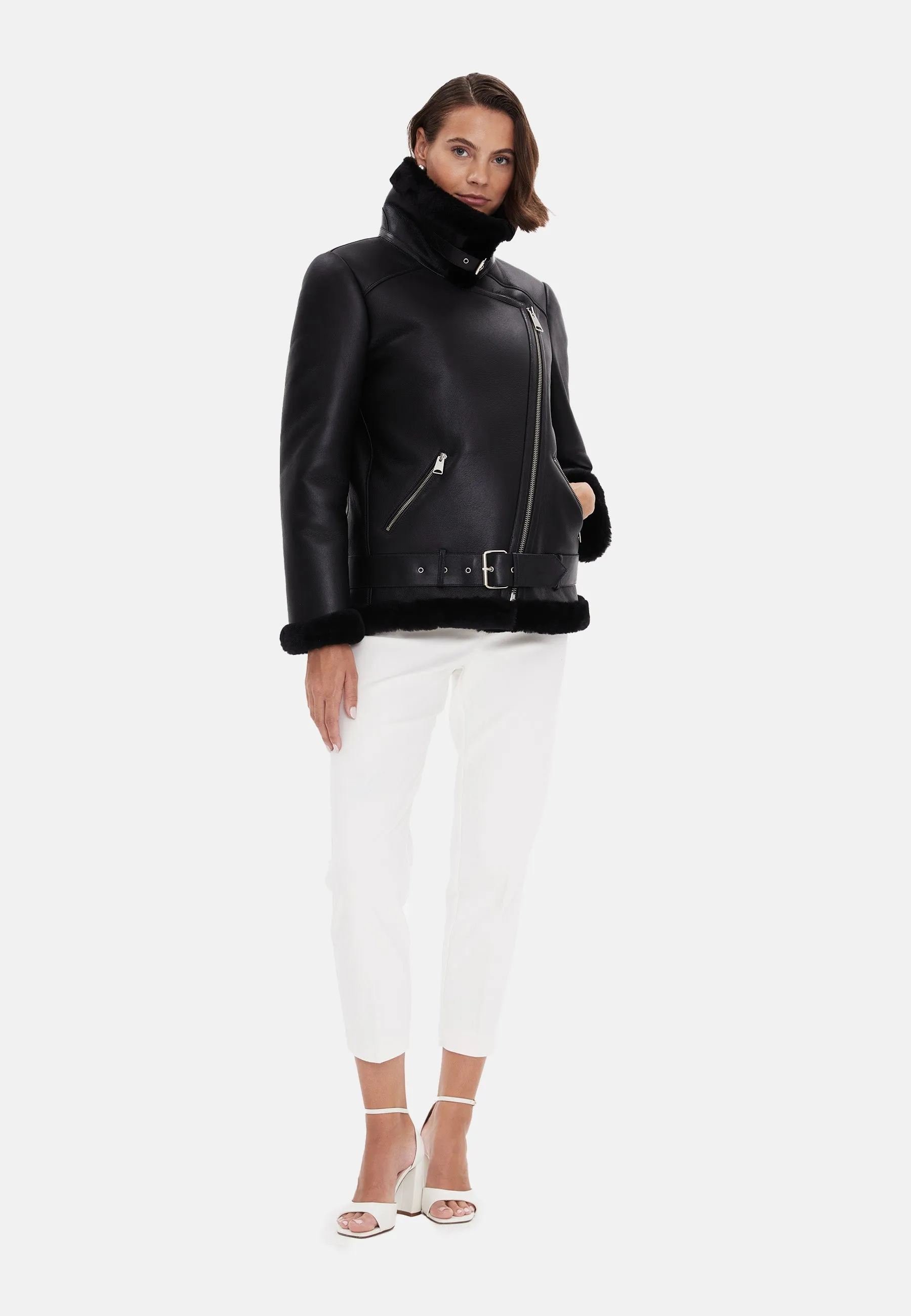 Harriet Sheepskin Belted Biker Jacket, Silky Black with Black Wool