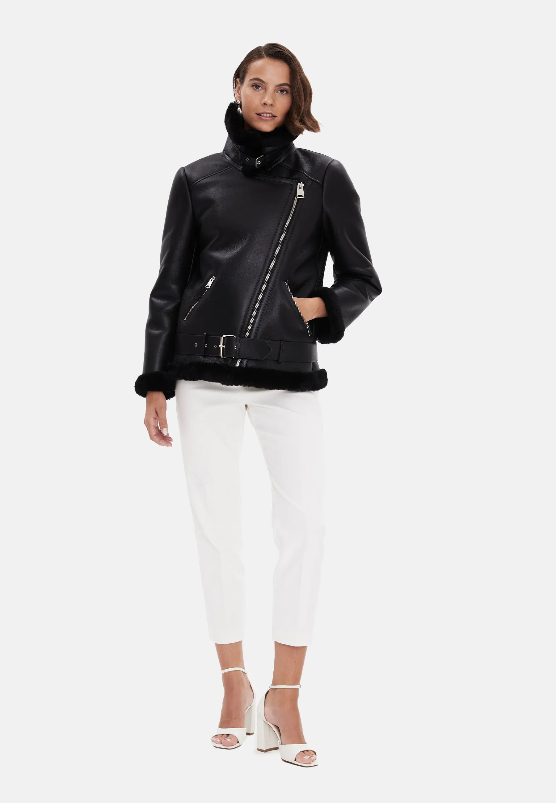 Harriet Sheepskin Belted Biker Jacket, Silky Black with Black Wool