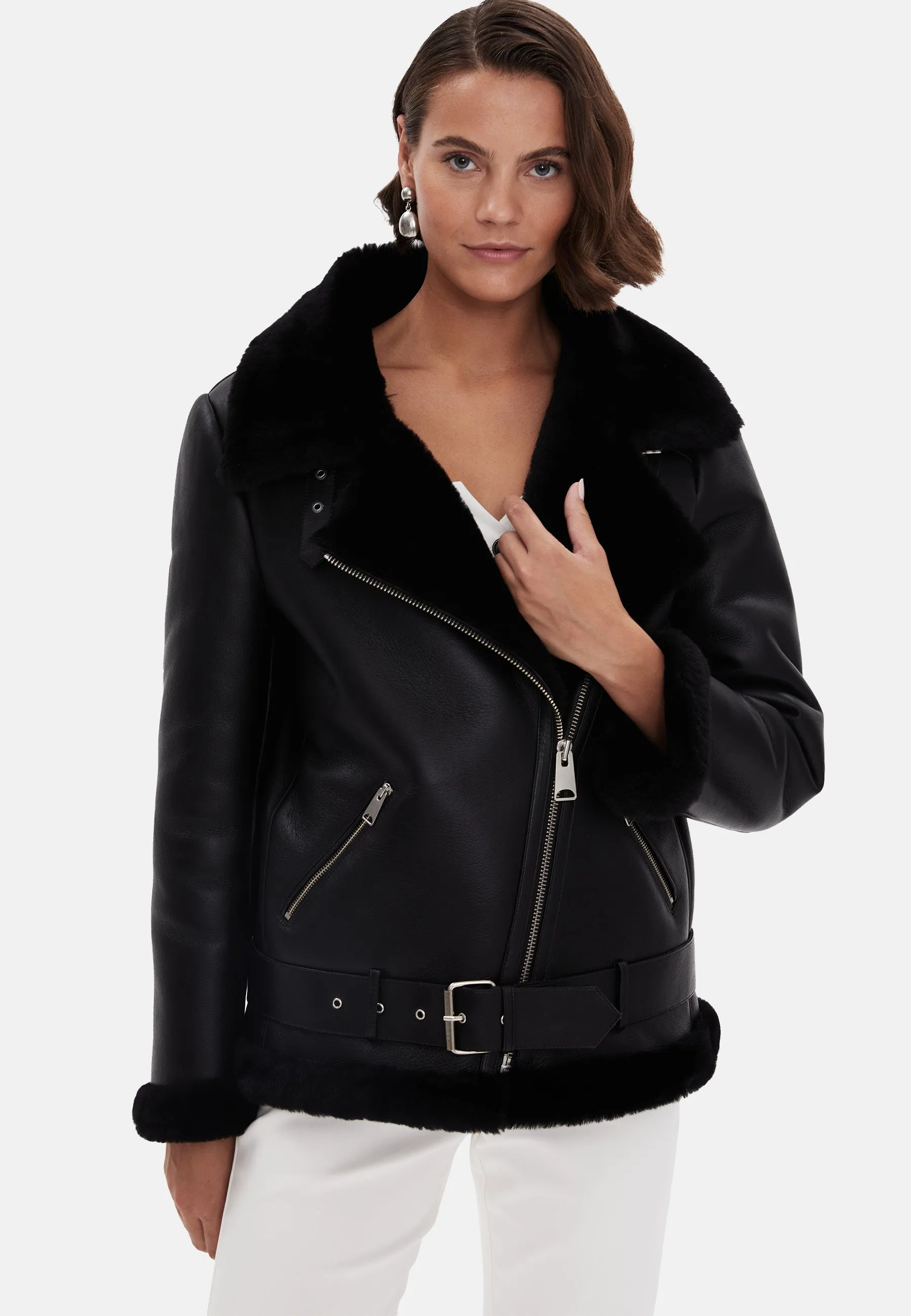 Harriet Sheepskin Belted Biker Jacket, Silky Black with Black Wool