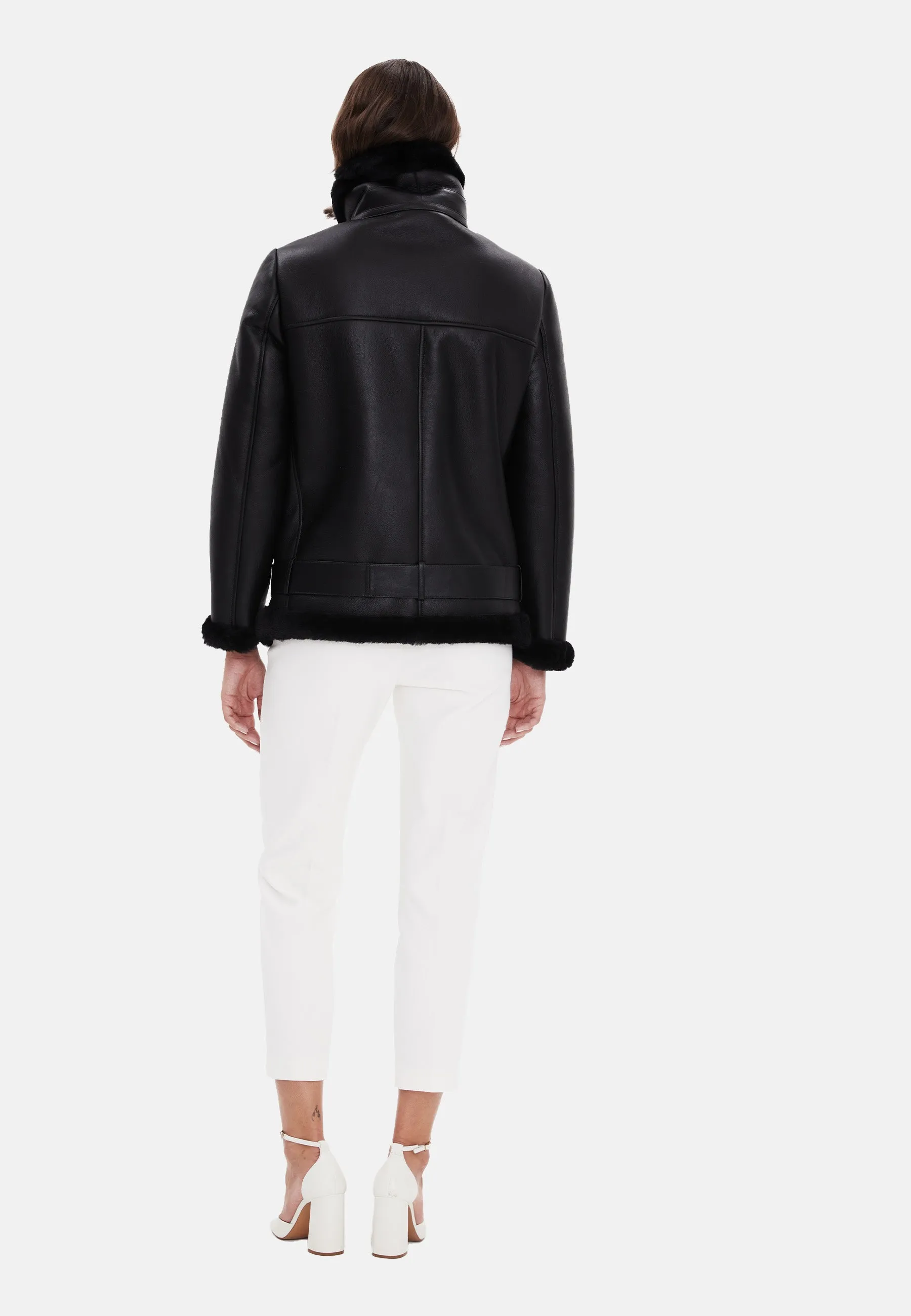 Harriet Sheepskin Belted Biker Jacket, Silky Black with Black Wool