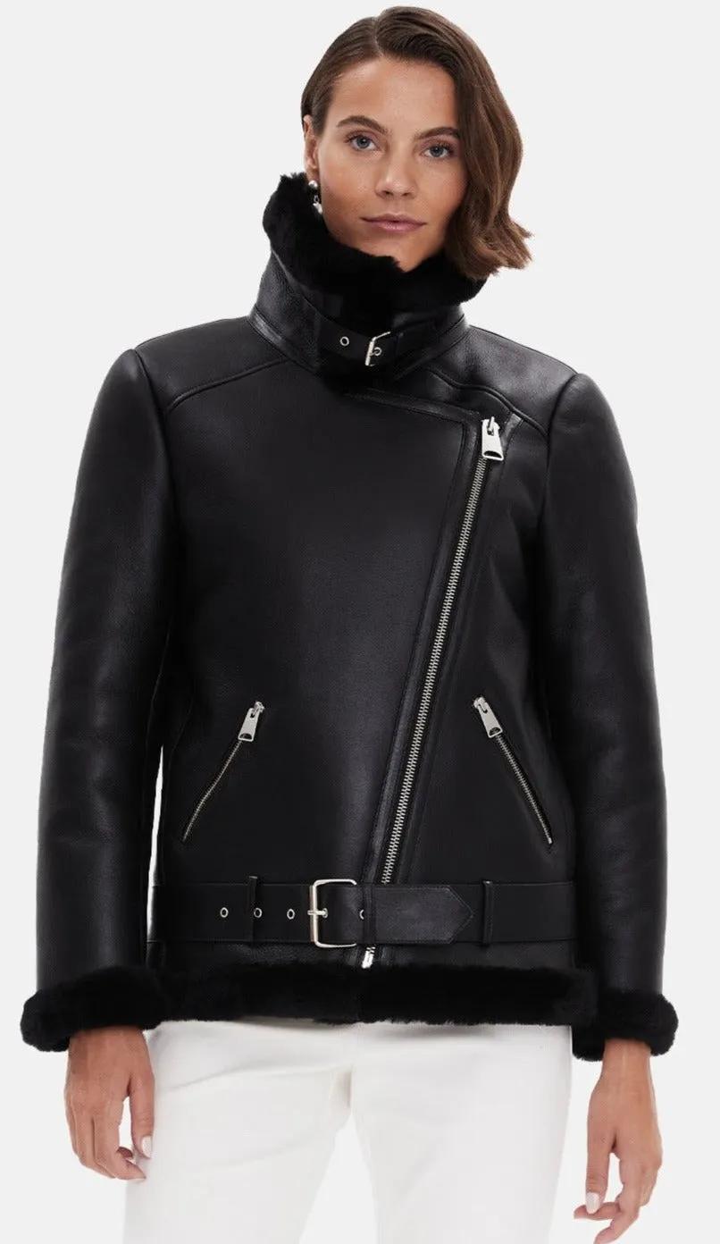 Harriet Sheepskin Belted Biker Jacket, Silky Black with Black Wool