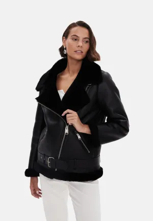 Harriet Sheepskin Belted Biker Jacket, Silky Black with Black Wool