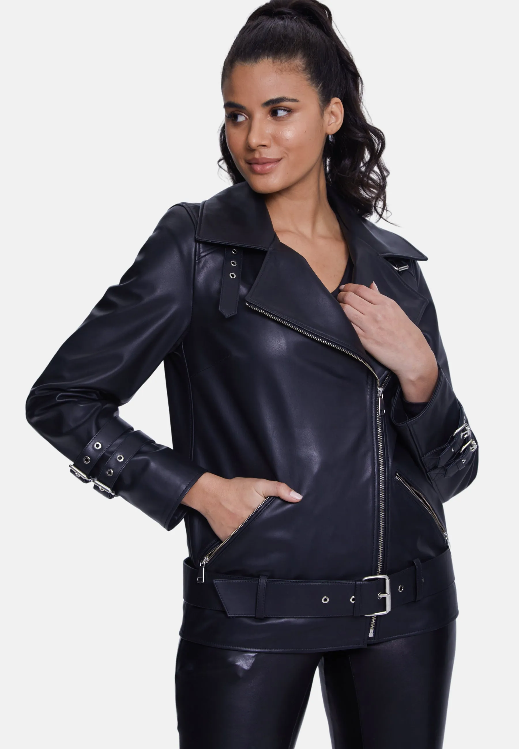 Harriet Sheepskin Belted Biker Jacket,Nappa Black