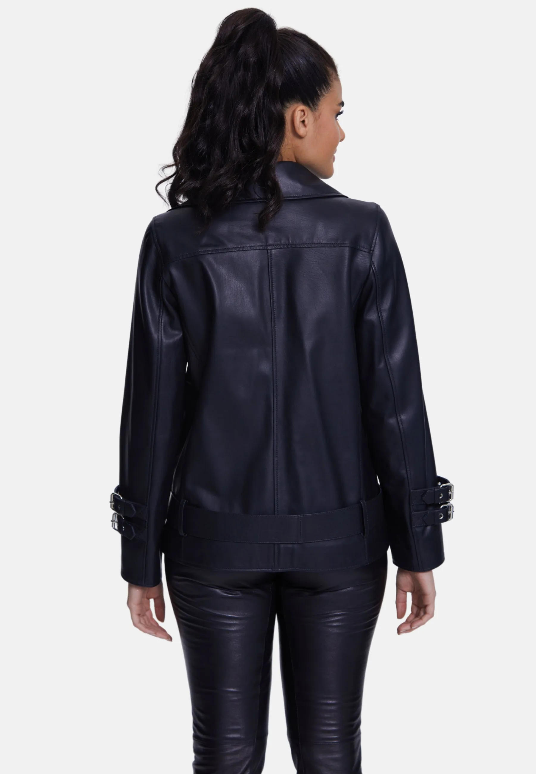 Harriet Sheepskin Belted Biker Jacket,Nappa Black