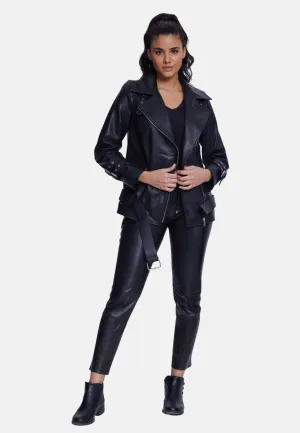 Harriet Sheepskin Belted Biker Jacket,Nappa Black