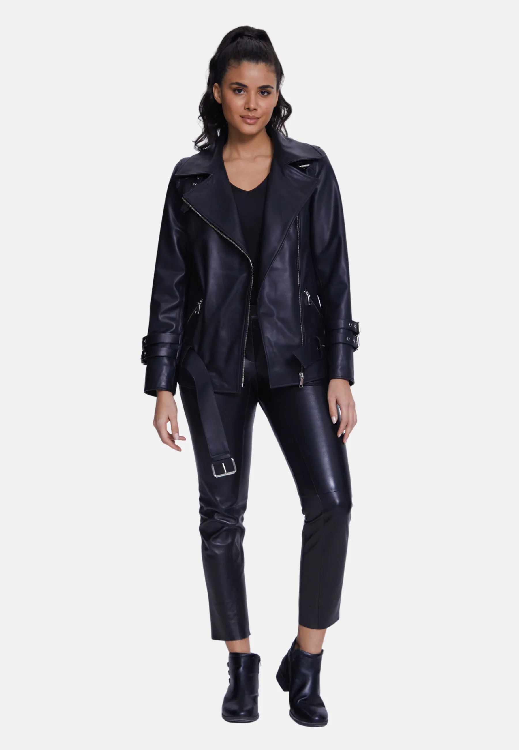 Harriet Sheepskin Belted Biker Jacket,Nappa Black