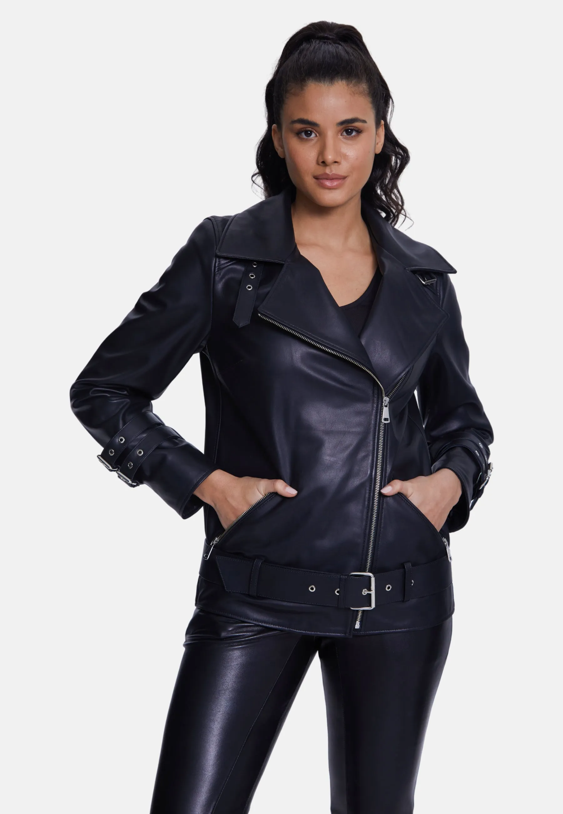 Harriet Sheepskin Belted Biker Jacket,Nappa Black