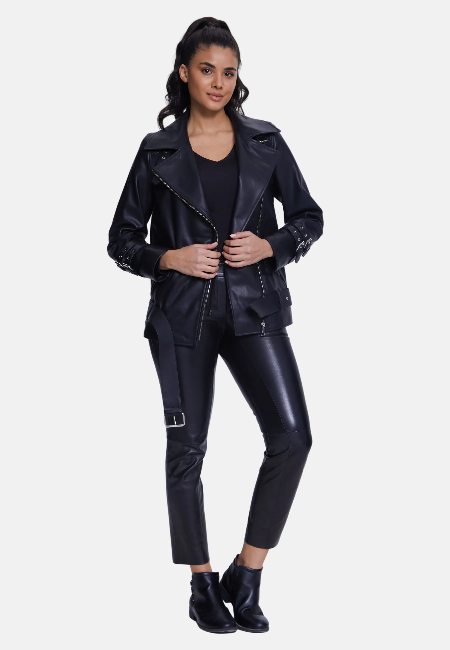 Harriet Sheepskin Belted Biker Jacket,Nappa Black