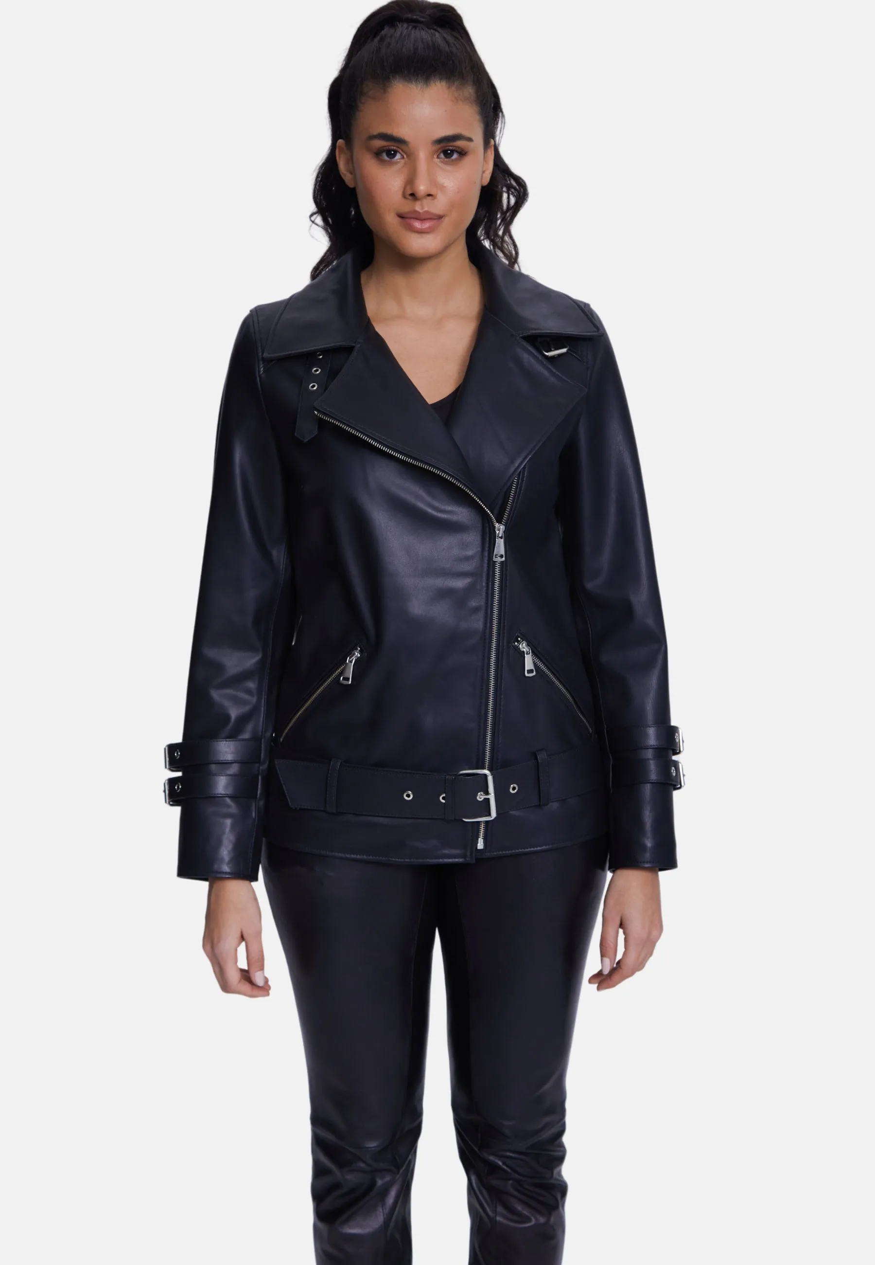 Harriet Sheepskin Belted Biker Jacket,Nappa Black