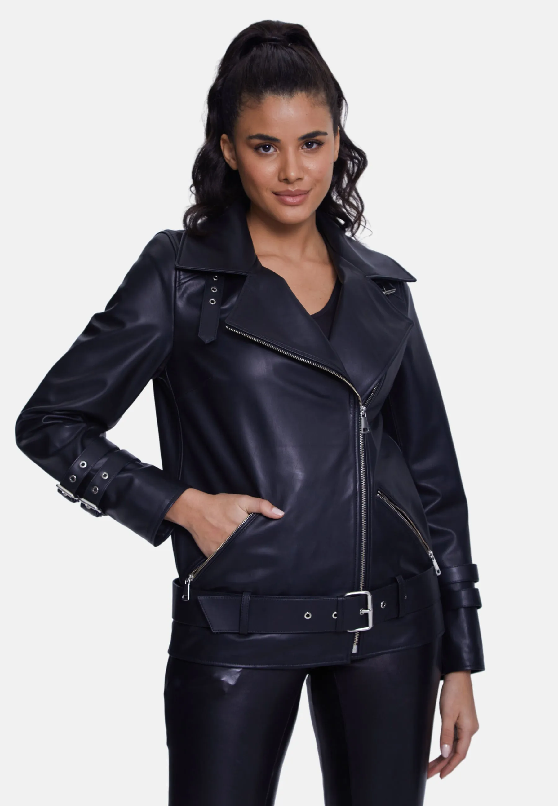 Harriet Sheepskin Belted Biker Jacket,Nappa Black