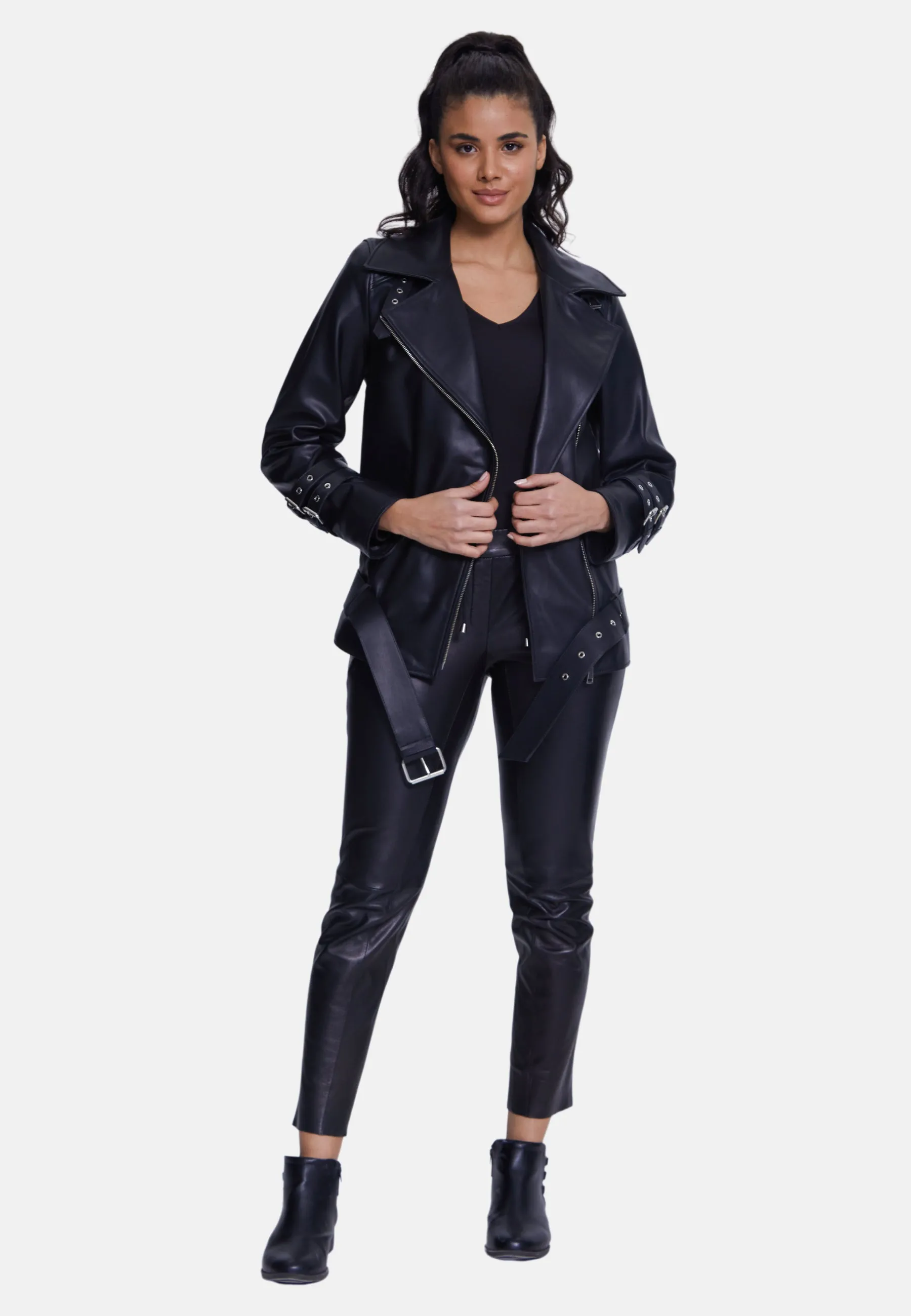 Harriet Sheepskin Belted Biker Jacket,Nappa Black